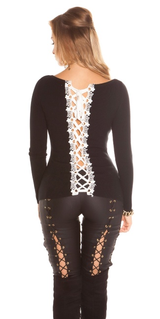 sweater with lacing & embroidery Black